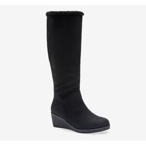 Aerosoles Binocular Women Black Faux Suede Tall Wedge Boots Faux Fur Trim Size 8